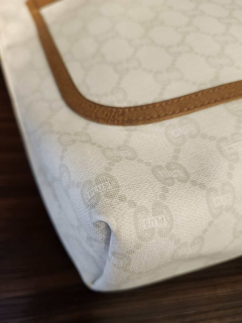 Gucci GG Plus White And Tan Sherry Line Supreme Tall Tote With Web Straps - Picture 10 of 16